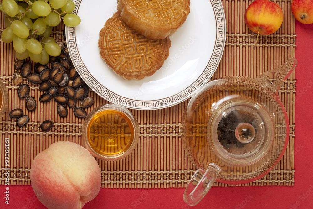 Moon Cakes with Fresh Fruit, Seeds, and Tea