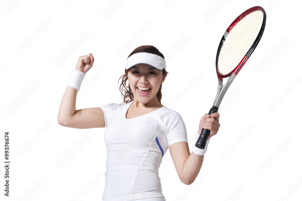 Young woman playing tennis and cheering