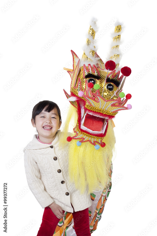 Cute Chinese girl holding Chinese dragon