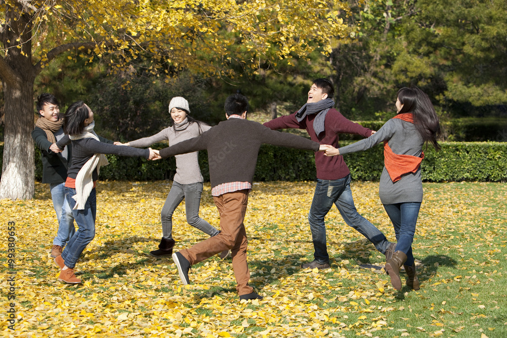 Young adults playing on the lawn in autumn