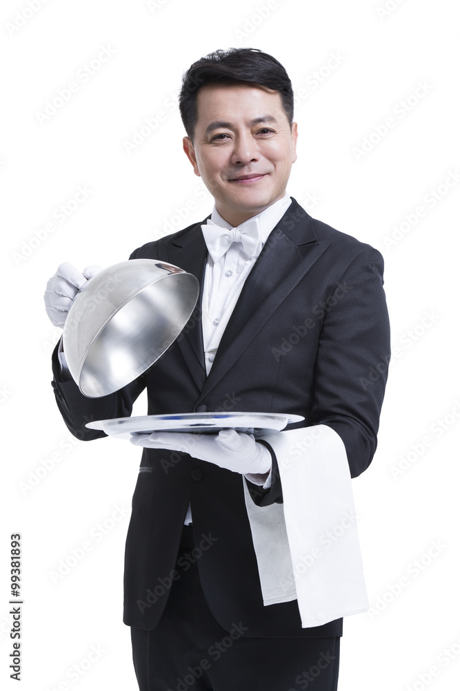 Happy waiter serving food