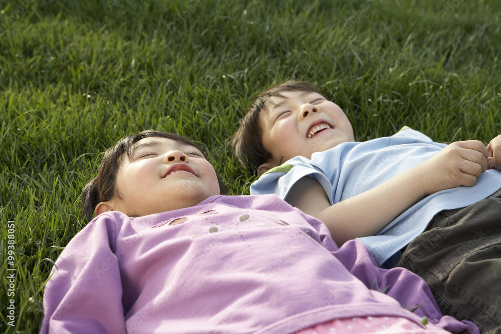 Young Boy And Girl Laying In The Park Looking At The Sky