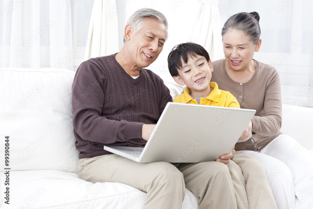 Grandparents and grandson using laptop