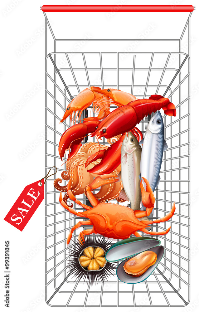 Various seafood in shopping cart