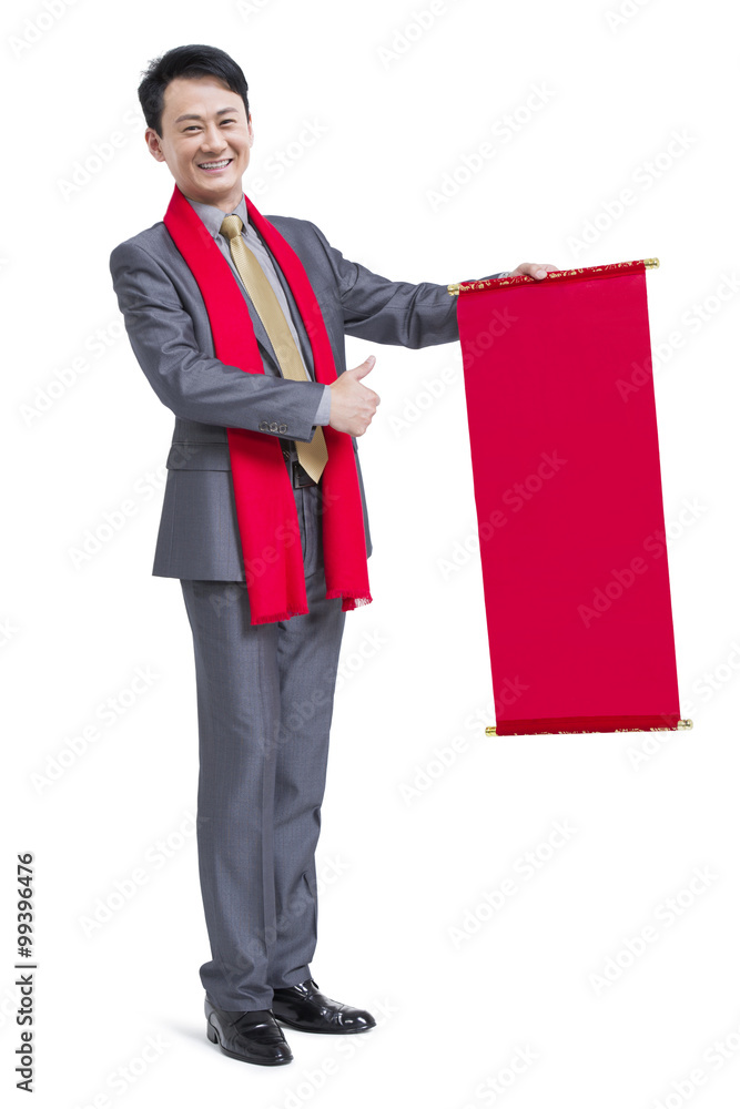 Happy businessman with blank scroll