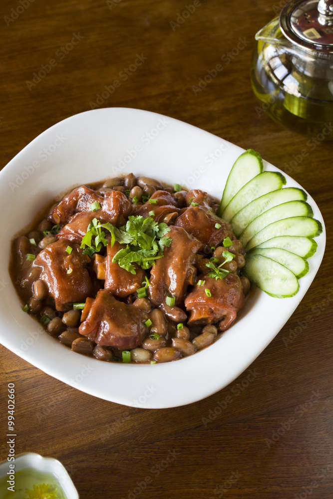 Chinese cuisine braised Dongpo pork hock with brown sauce