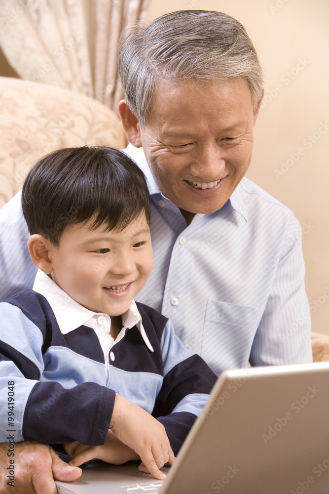 Grandfather and grandson using laptop