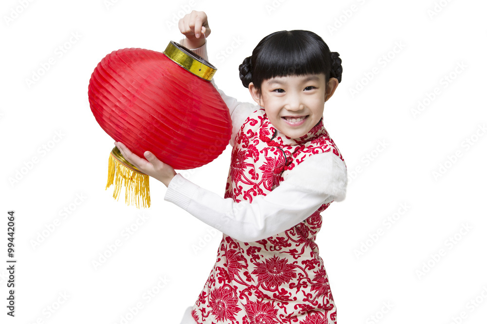 快乐女孩用传统灯笼庆祝中国新年