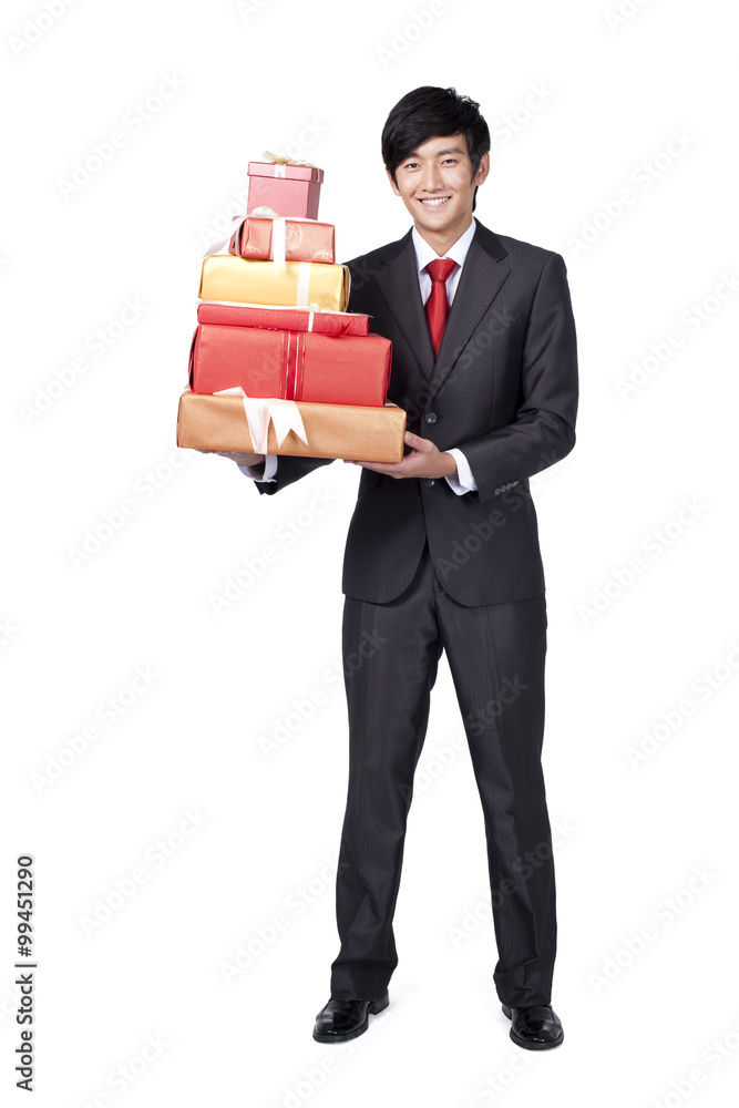 Happy Businessman Holding a Gift