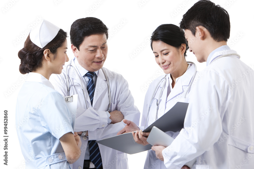 Happy professional medical team in discussion