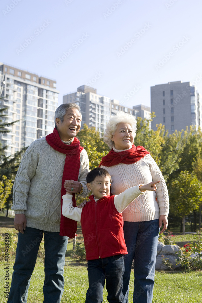 祖父母和孙子在秋天享受公园