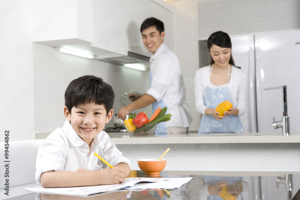 Family in modern kitchen