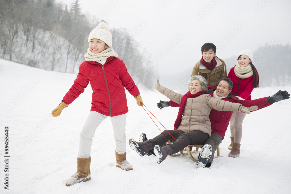 快乐的一家人在雪地上玩雪橇