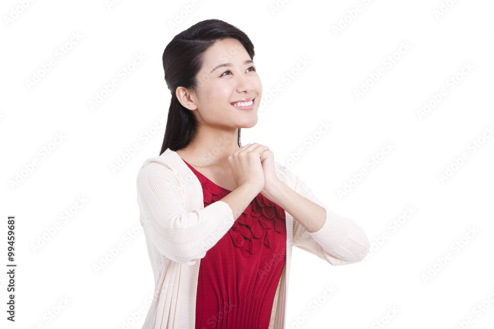 Happy young woman congratulating for Chinese New Year