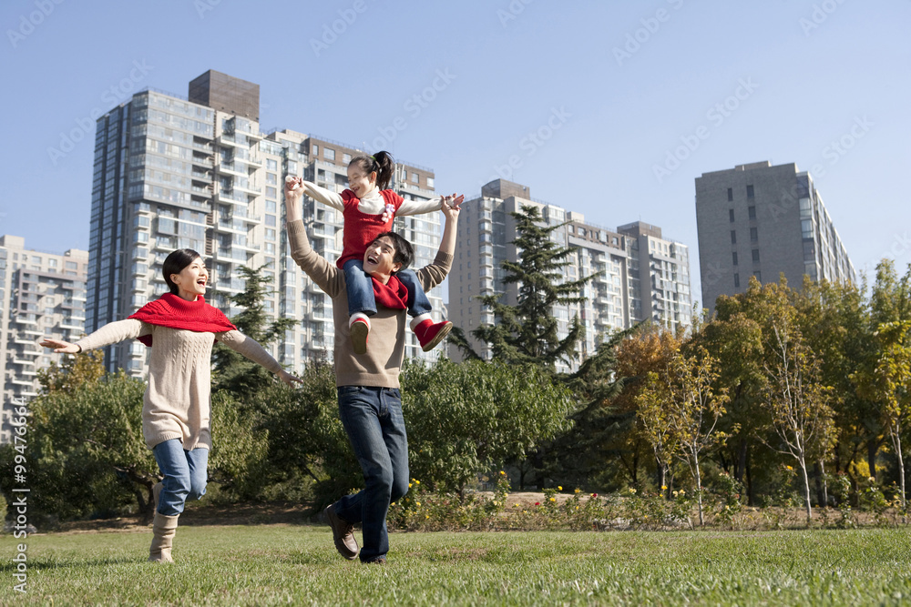 年轻的一家人在秋天享受公园