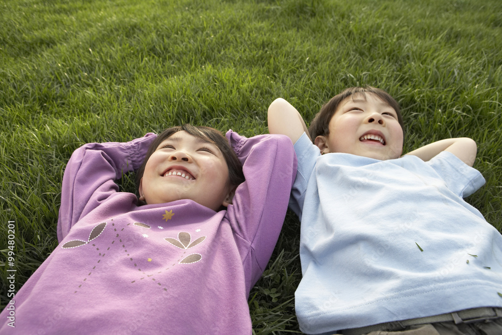 Young Boy And Girl Laying In The Park Looking At The Sky