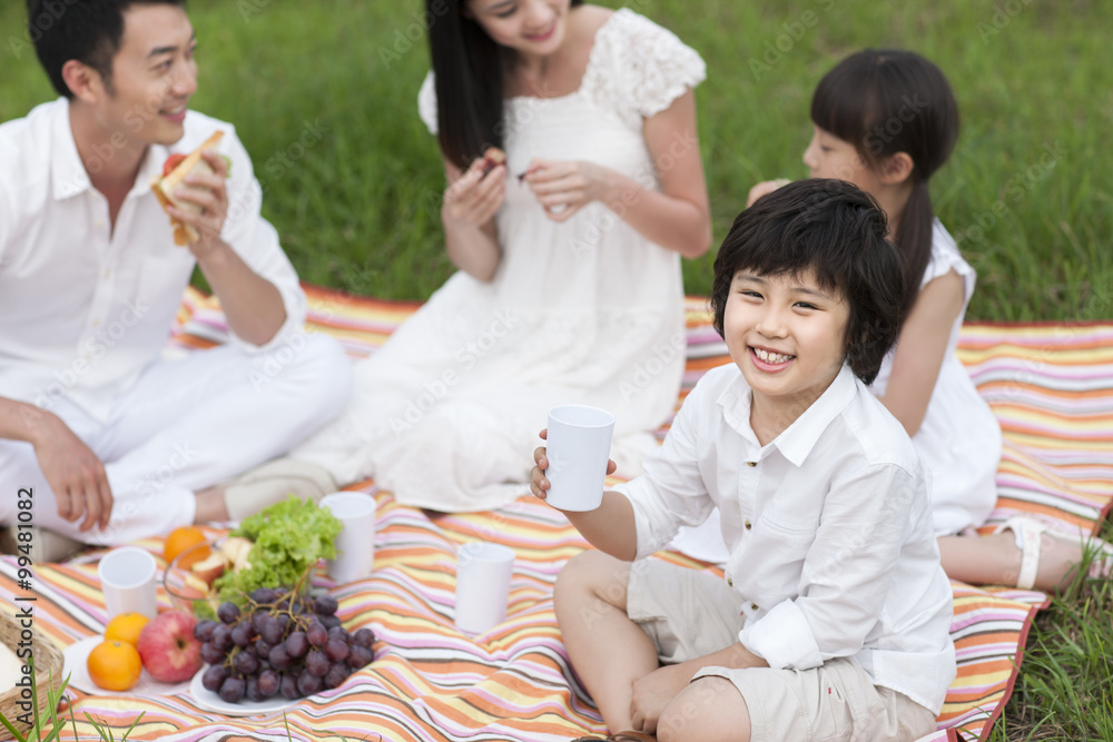 Happy young family having a picnic on the grass