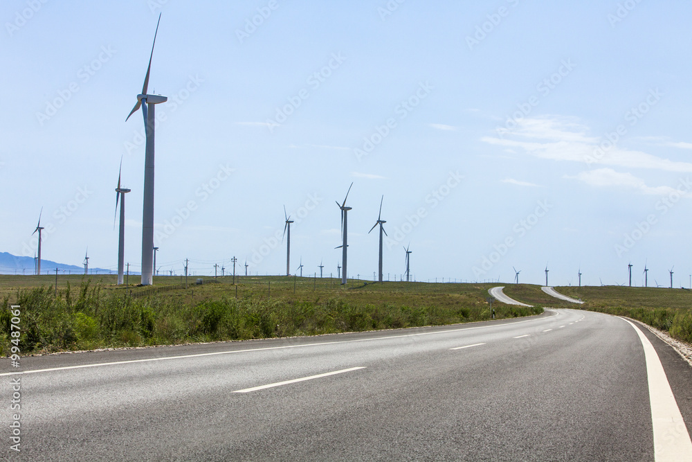 Road and wind driven generators, Qinghai Province