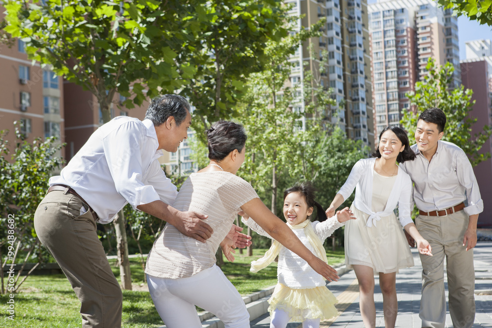 Happy multi-generation family gathering