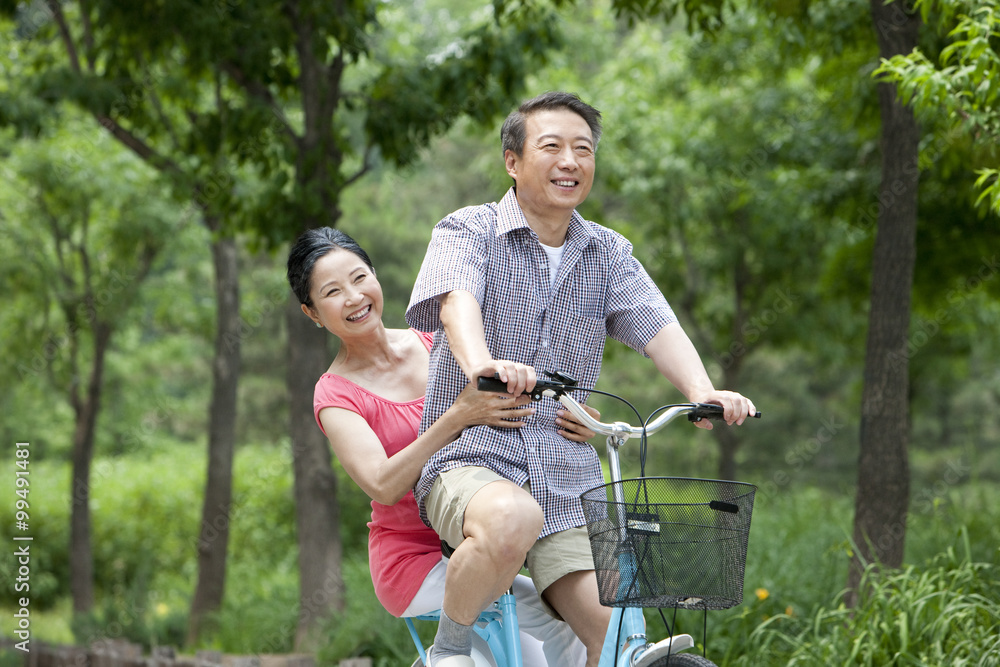 Senior couple cycling in park