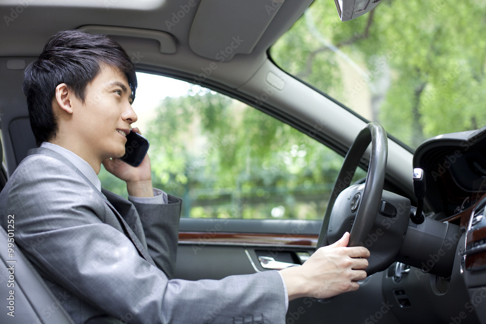 Businessman on the phone while driving car