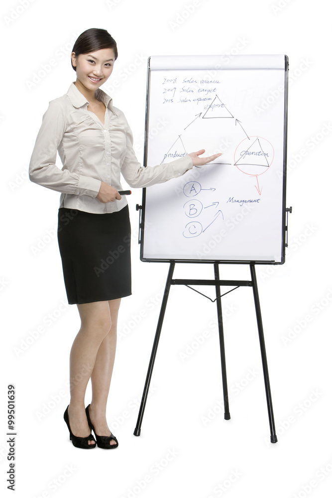 Businesswoman standing by whiteboard