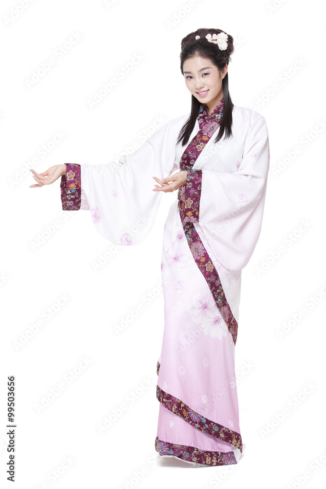 Happy young woman dancing in traditional Chinese costume