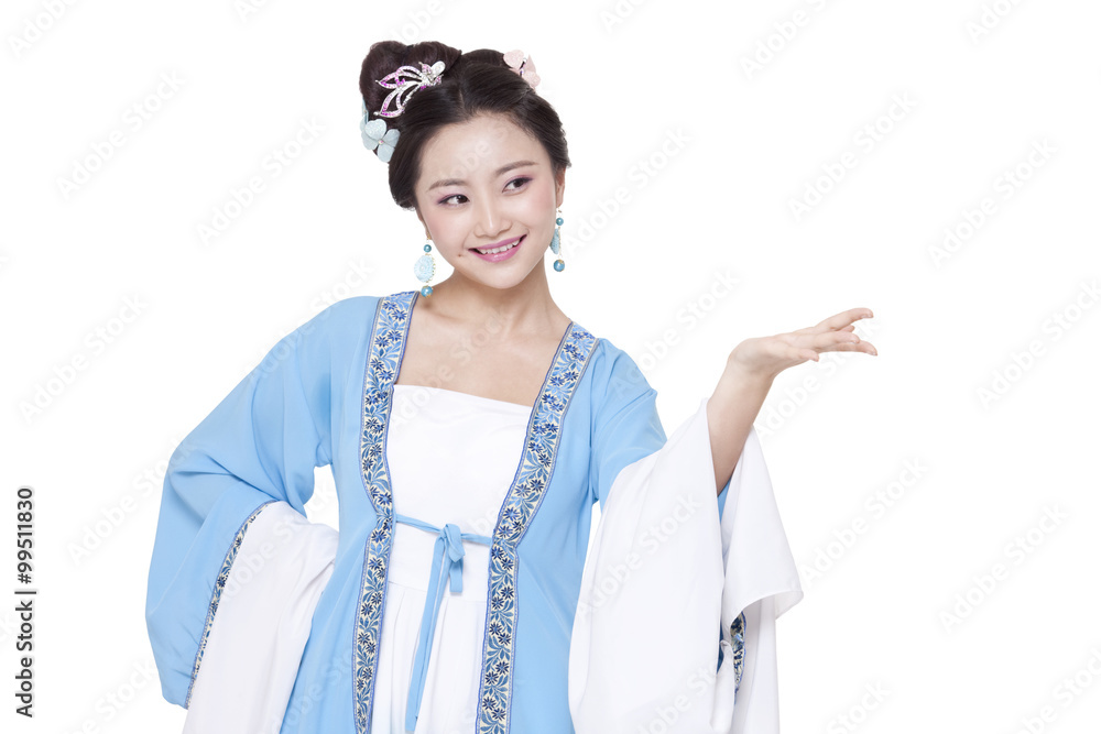 Young woman in Chinese traditional costume gesturing