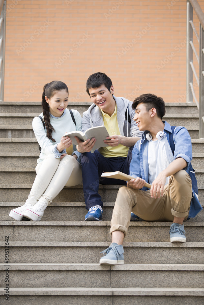 Young college students reading outside library