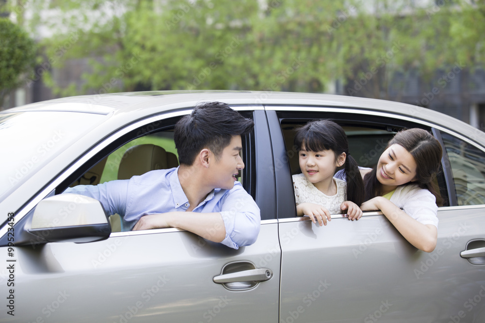 Happy young family in a car