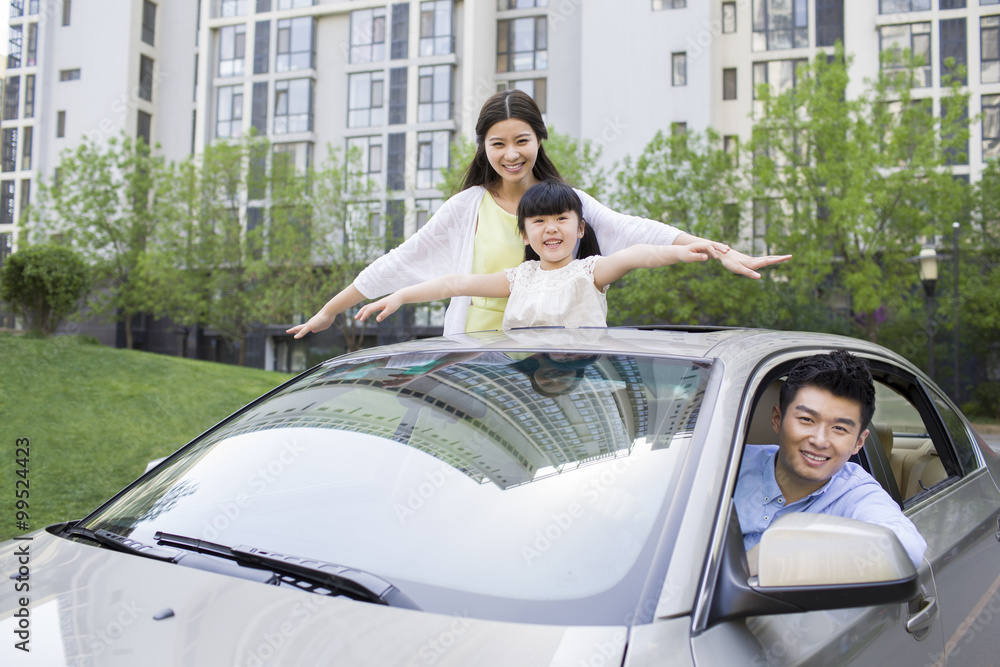 Happy young family in a car