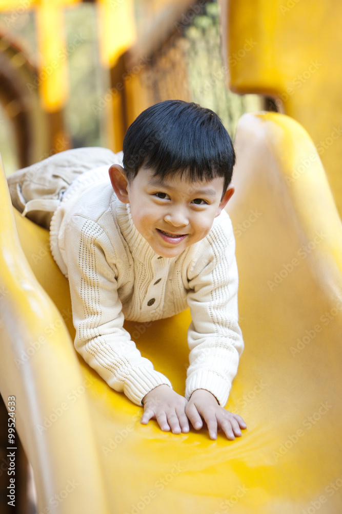 Boy playing on playground slide