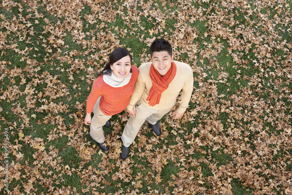 Young couple holding hands in a park in Autumn