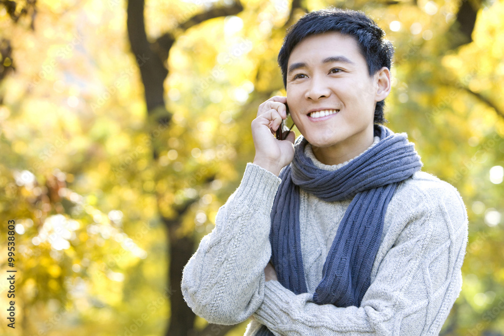 Young Man Talking on a Mobile Phone in a Park