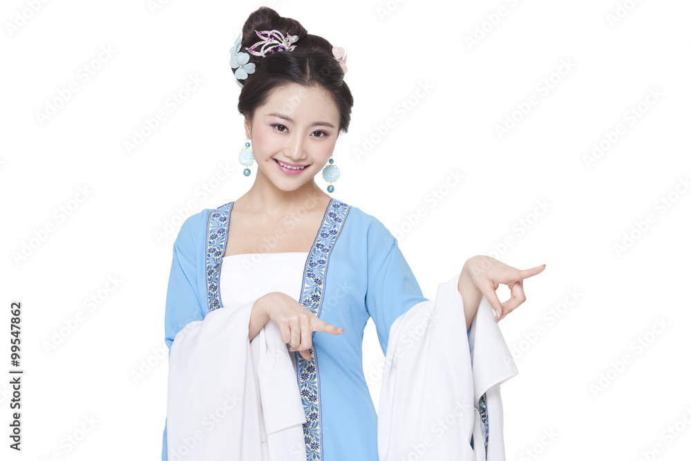 Young woman in Chinese traditional costume pointing away