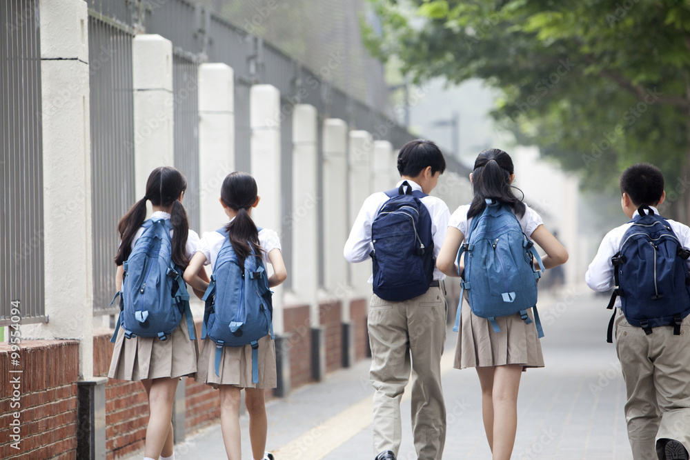 上学路上穿着制服的学生的后视图