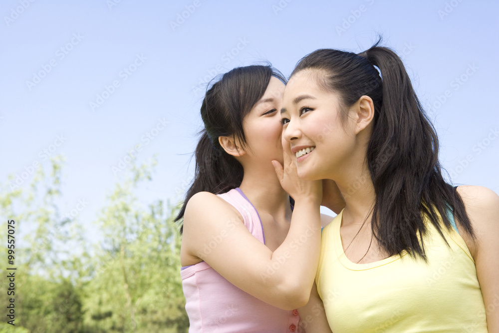 Portrait of two girlfriends at the park