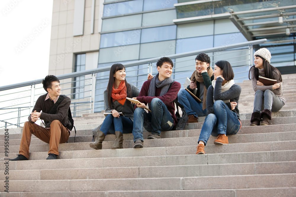 年轻的大学生坐在大学大楼的台阶上