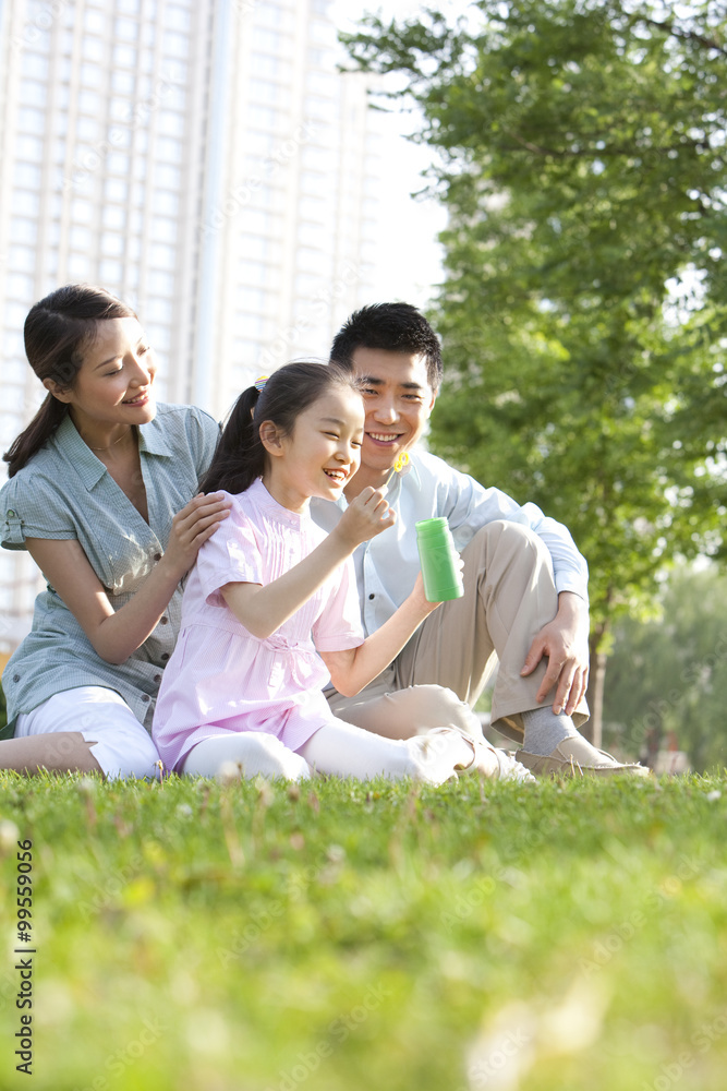 Family blowing bubbles in the park