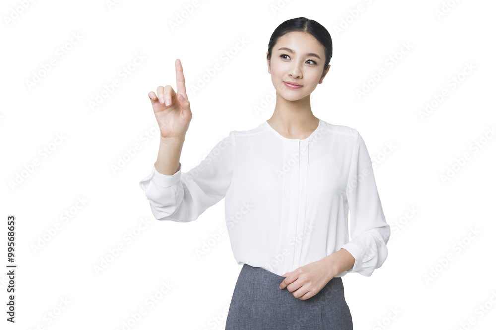 Young woman using finger to point