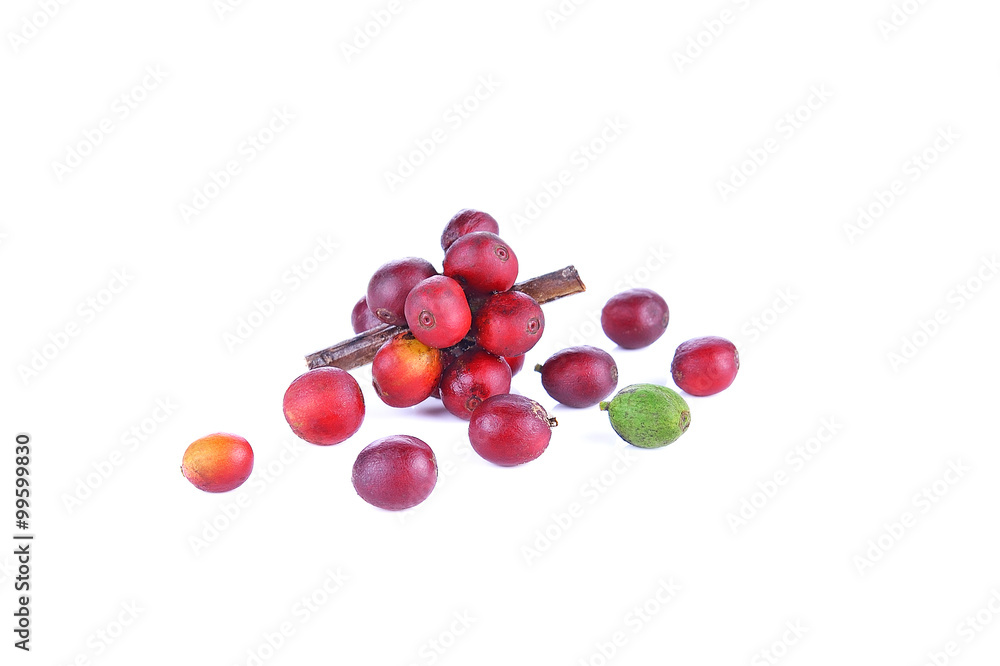 Close up of fresh raw coffee beans isolated on white background