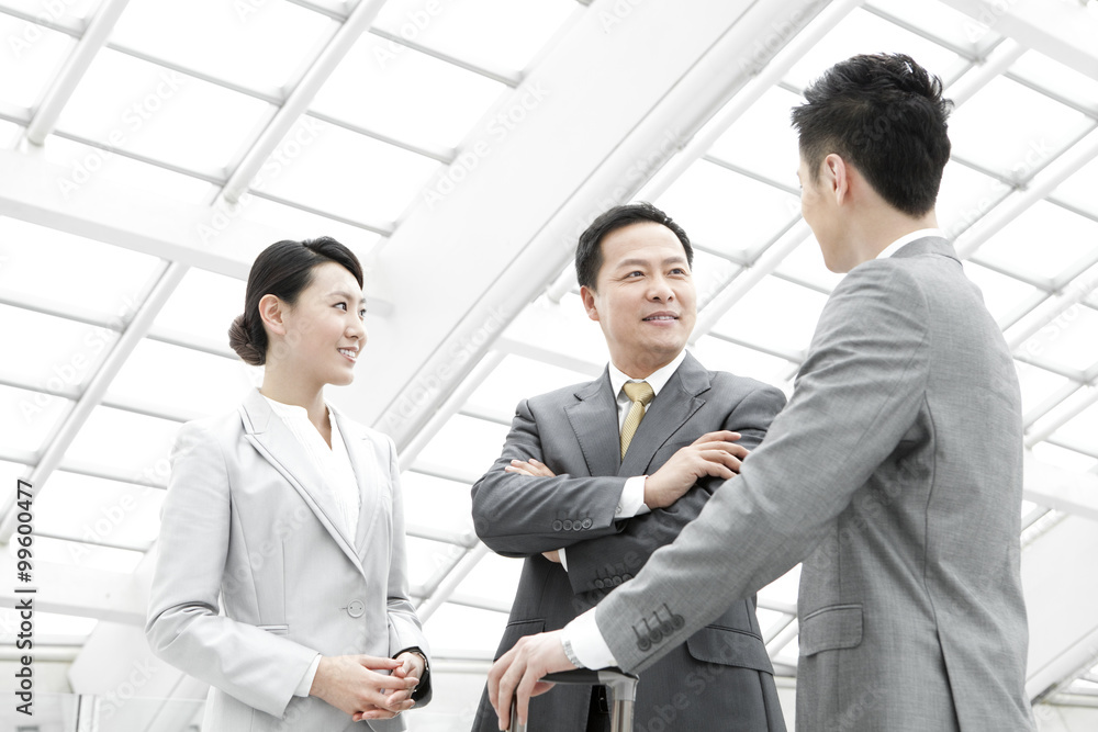 Business partners having conversation in airport lobby