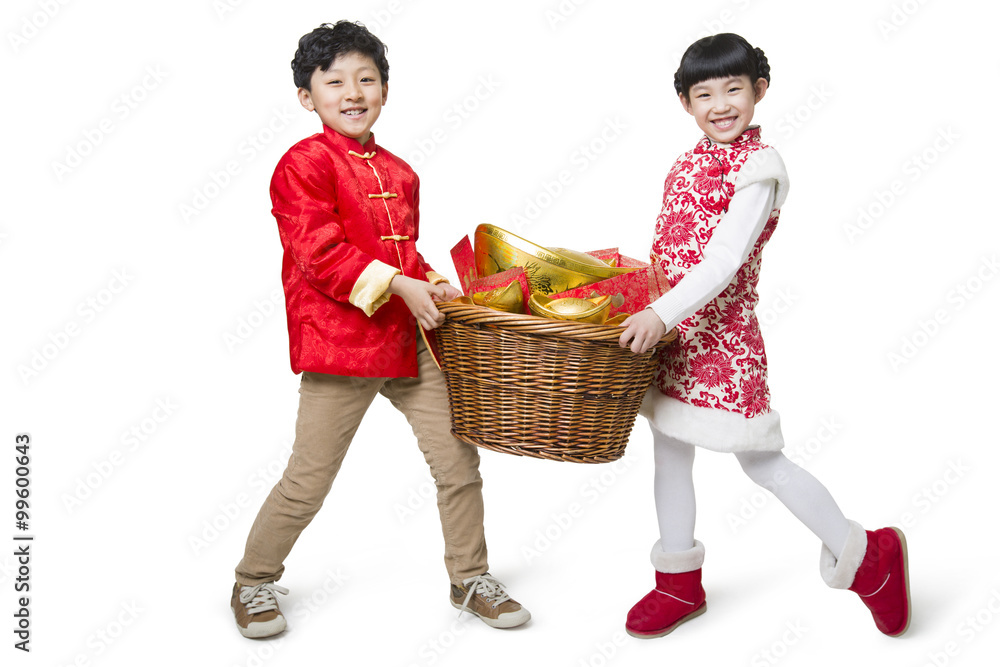 Happy children carrying red envelopes and Chinese traditional currency yuanbao