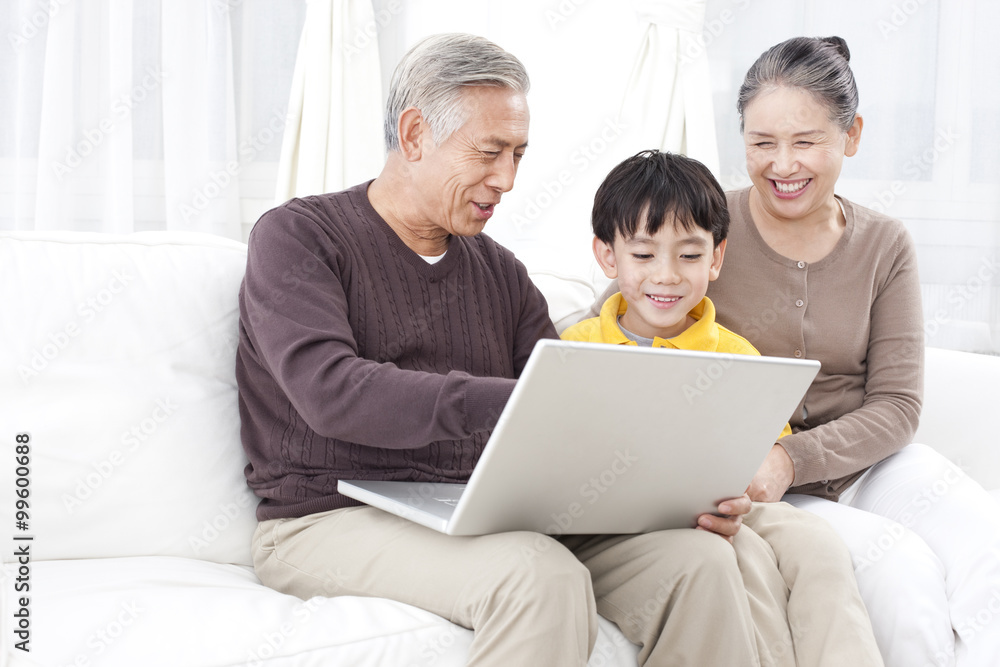 Grandparents and grandson using laptop