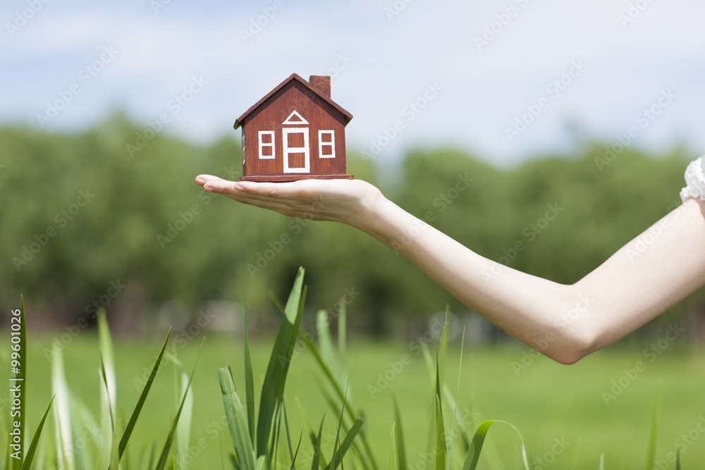 Young woman with toy house