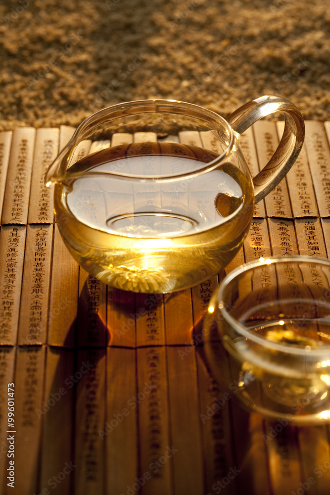 Close-up of Chrysanthemum Tea and bamboo slip