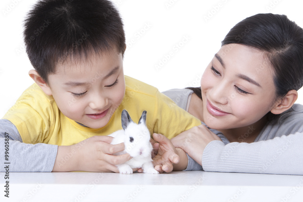 Mother and son playing with rabbit