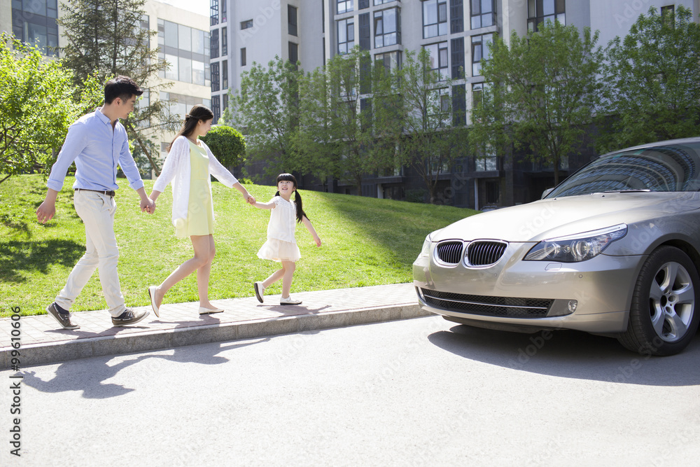 Happy young family holding hands walking