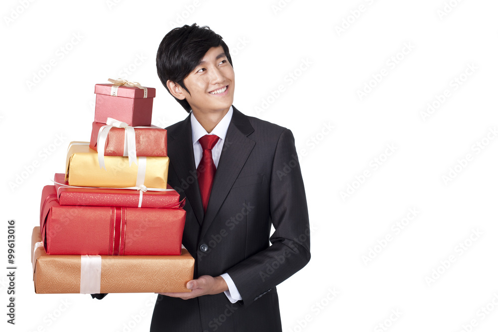 Happy Businessman Holding a Gift