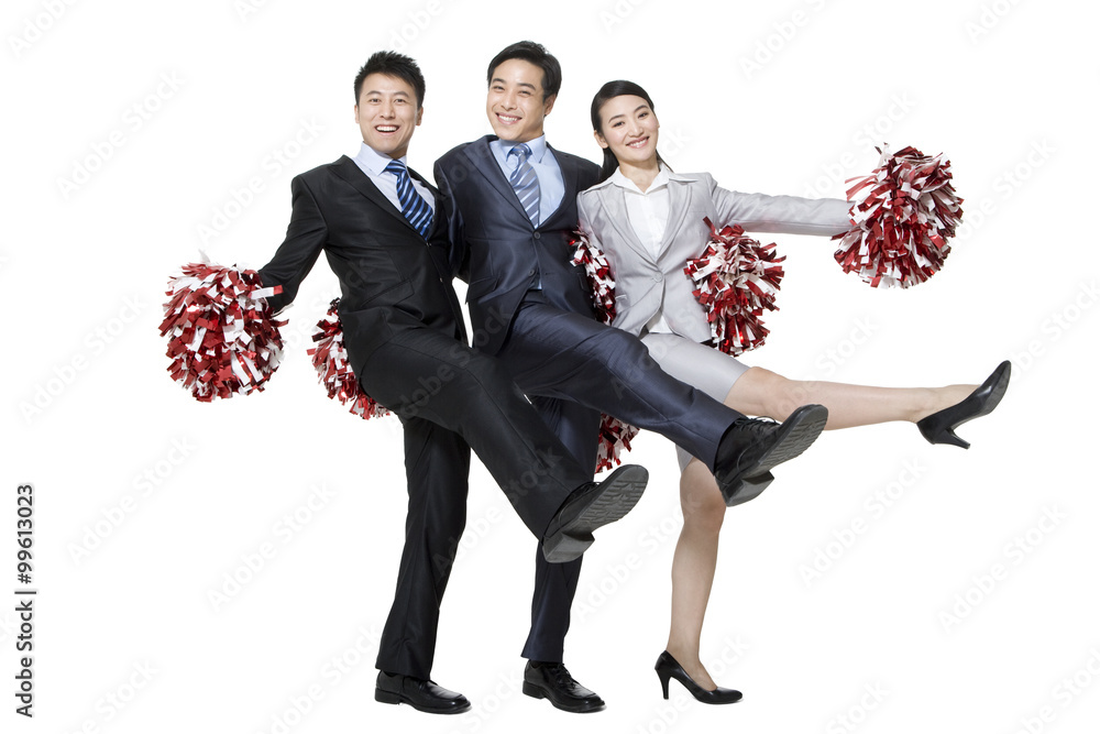  A team of businesspeople cheering with pompoms